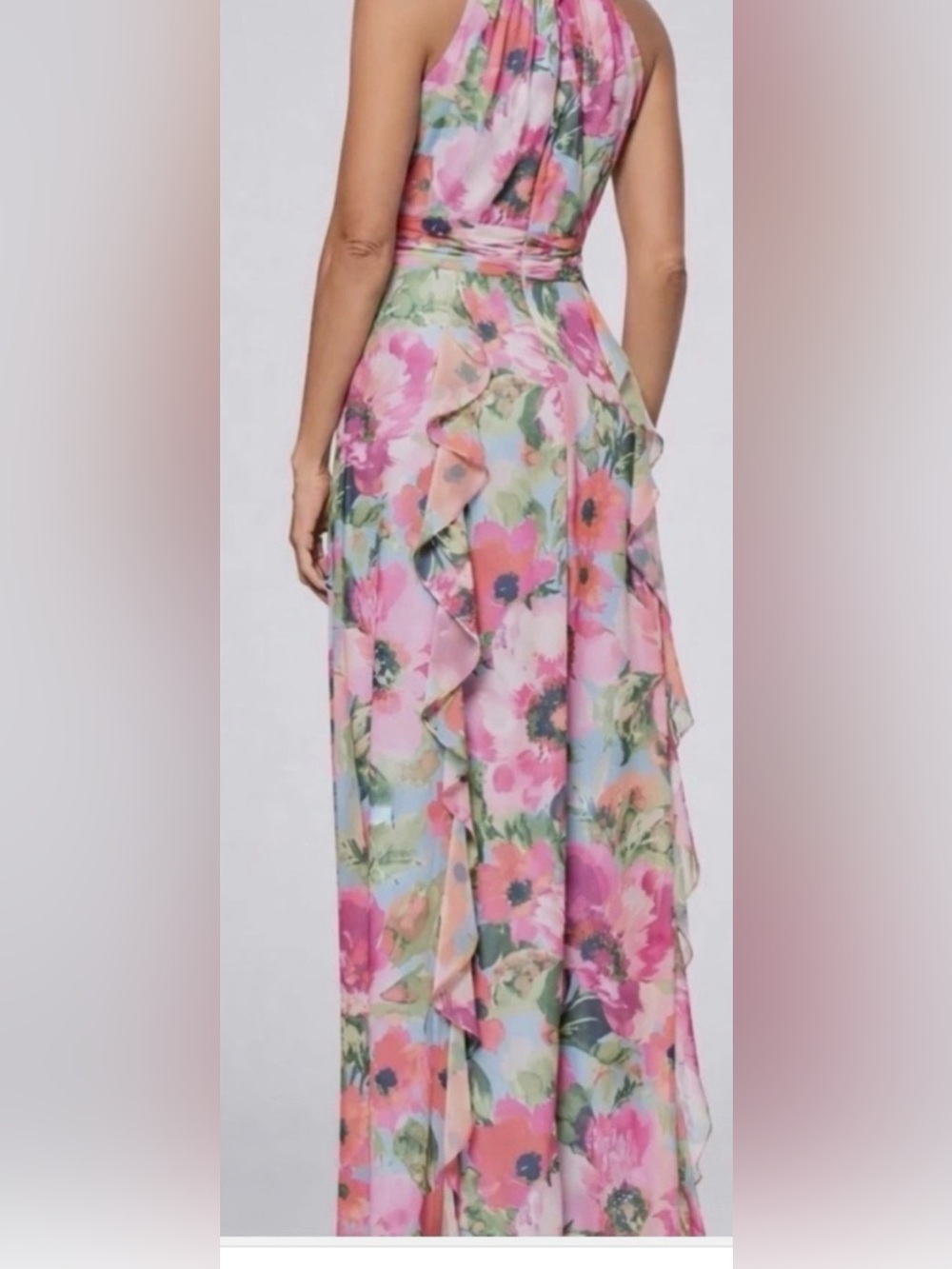 Xscape Floral Chiffon Halter Maxi Dress SZ 8 Petite Pink Blue Ruffle Gown - Picture 2 of 5